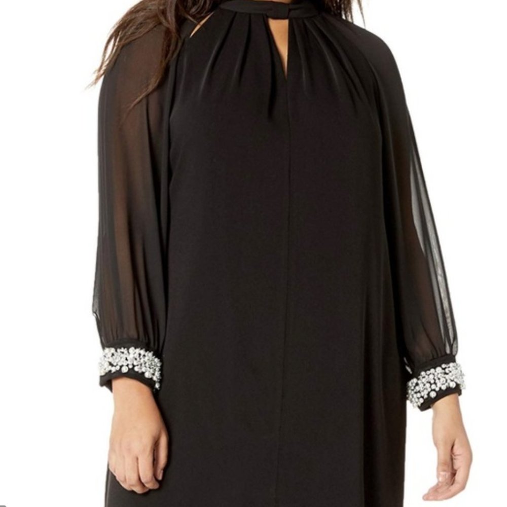 Black Chiffon Midi Dress Long Sleeves Size14P
